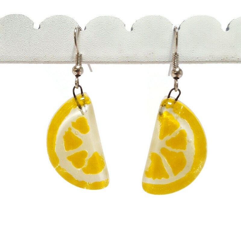 Lemon wedges Recycled Glass Drop Earrings. Purple Dangle earrings. Great gift. Fun eco friendly jewelry