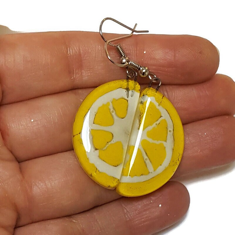 Lemon wedges Recycled Glass Drop Earrings. Purple Dangle earrings. Great gift. Fun eco friendly jewelry