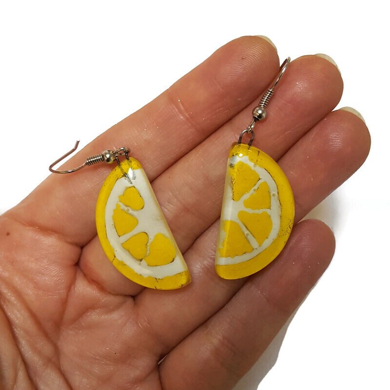 Lemon wedges Recycled Glass Drop Earrings. Purple Dangle earrings. Great gift. Fun eco friendly jewelry