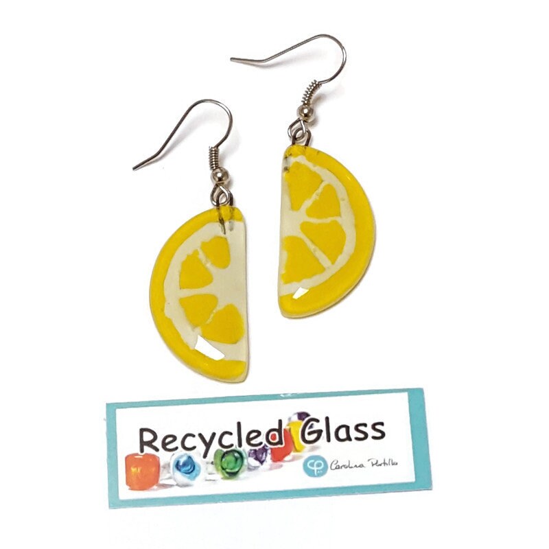 Lemon wedges Recycled Glass Drop Earrings. Purple Dangle earrings. Great gift. Fun eco friendly jewelry