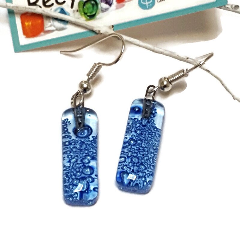 Small bar rectangle Dangle Earrings Recycled Glass. Fused drop Glass blue drop dangle earrings.