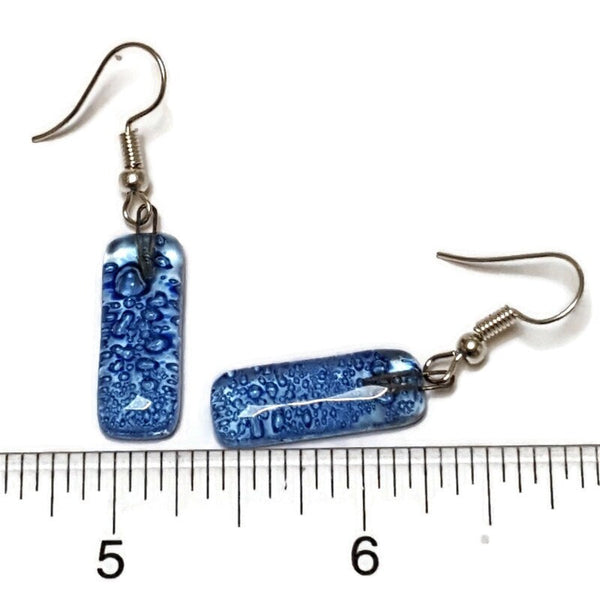 Small bar rectangle Dangle Earrings Recycled Glass. Fused drop Glass blue drop dangle earrings.