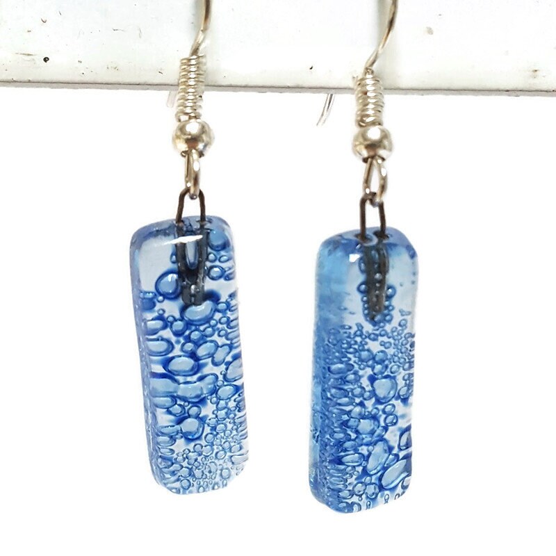 Small bar rectangle Dangle Earrings Recycled Glass. Fused drop Glass blue drop dangle earrings.