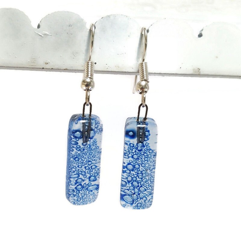 Small bar rectangle Dangle Earrings Recycled Glass. Fused drop Glass blue drop dangle earrings.