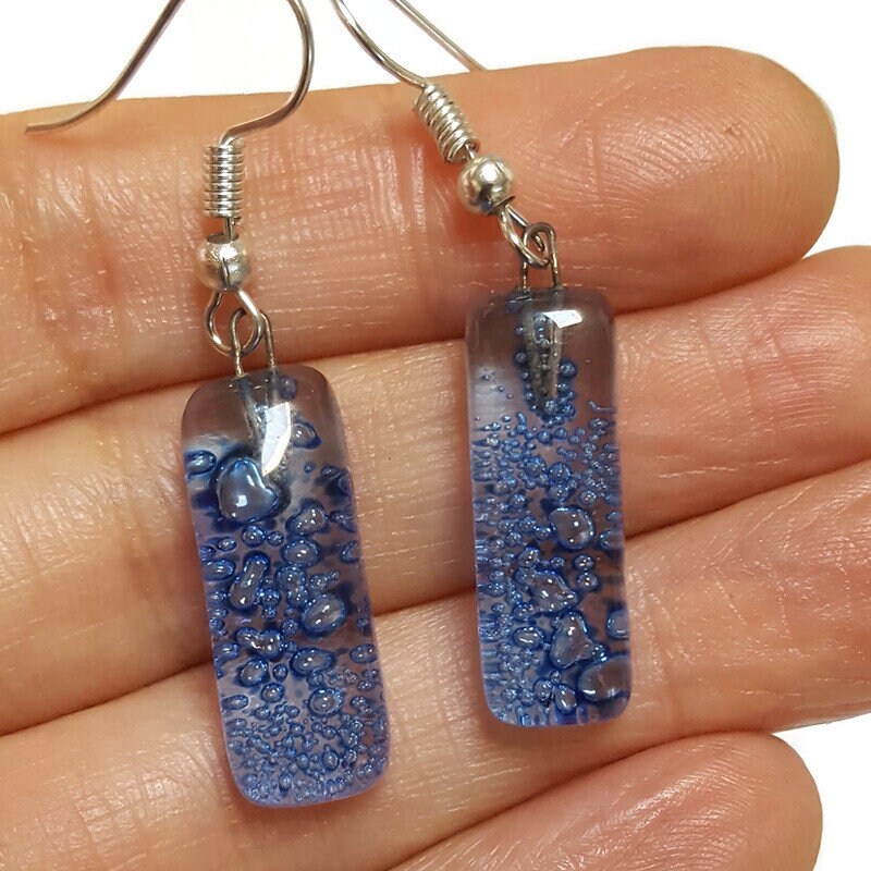 Small bar rectangle Dangle Earrings Recycled Glass. Fused drop Glass blue drop dangle earrings.