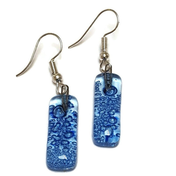 Small bar rectangle Dangle Earrings Recycled Glass. Fused drop Glass blue drop dangle earrings.