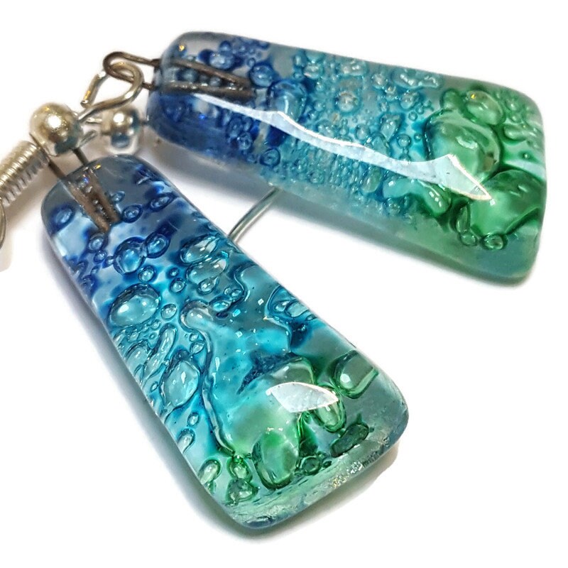 Blue, Green and Turquoise triangles. Recycled fused glass drop earrings. Long dangle earrings