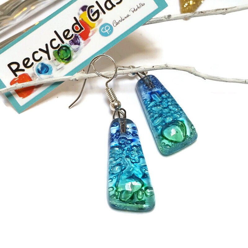 Blue, Green and Turquoise triangles. Recycled fused glass drop earrings. Long dangle earrings