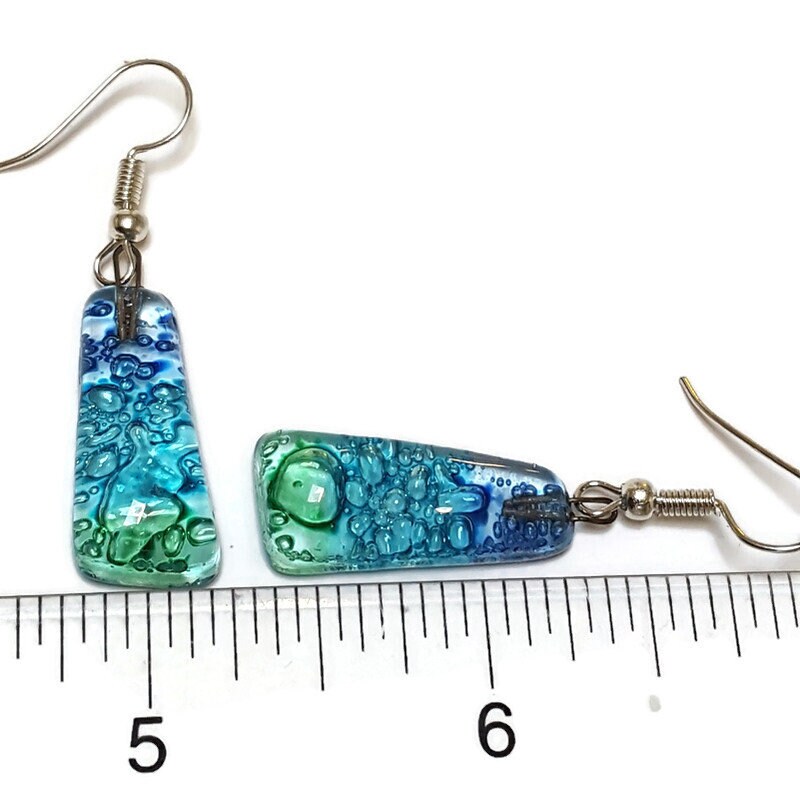 Blue, Green and Turquoise triangles. Recycled fused glass drop earrings. Long dangle earrings