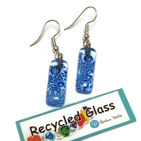 Small bar rectangle Dangle Earrings Recycled Glass. Fused drop Glass blue drop dangle earrings.