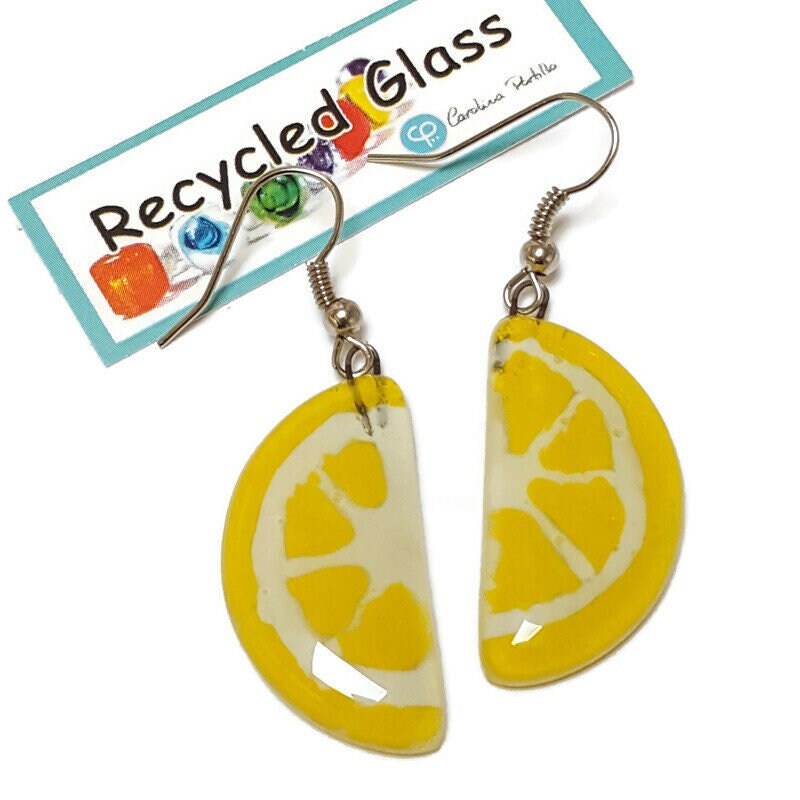 Lemon wedges Recycled Glass Drop Earrings. Purple Dangle earrings. Great gift. Fun eco friendly jewelry