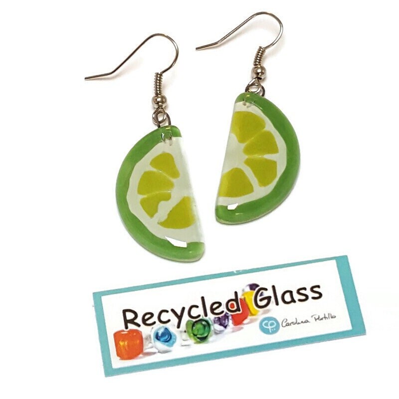 Lime wedge Recycled Glass Drop Earrings. Purple Dangle earrings. Great gift. Fun eco friendly jewelry