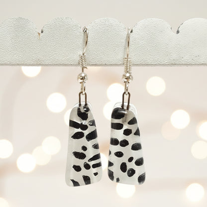 Black and  White triangles. Recycled fused glass drop earrings. Dalmatian glass dangle earrings.