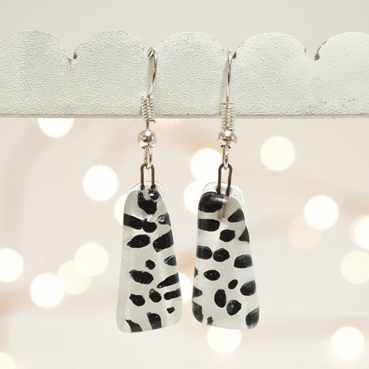 Black and  White triangles. Recycled fused glass drop earrings. Dalmatian glass dangle earrings.