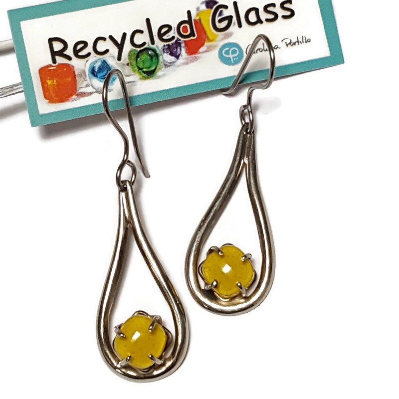 Yellow Teardrop. One of a kind Recycled Glass Dangle earrings. Handmade fused glass dangle earrings. Dainty glass drop. Unique pieces