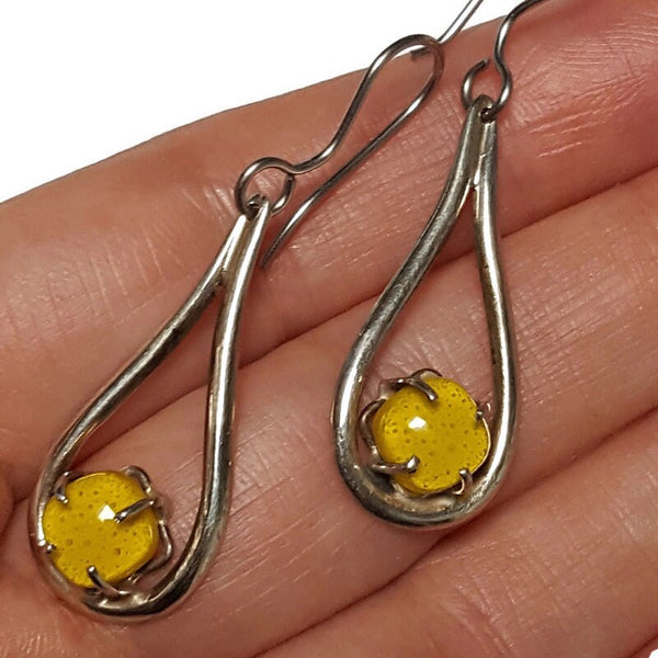 Yellow Teardrop. One of a kind Recycled Glass Dangle earrings. Handmade fused glass dangle earrings. Dainty glass drop. Unique pieces