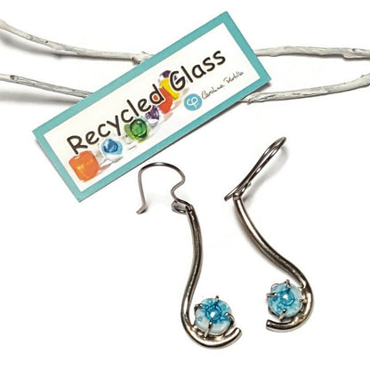 White and turquoise .One of a kind Recycled Glass Dangle earrings. Handmade fused glass dangle earrings. Dainty glass drop. Unique pieces