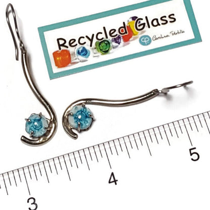 White and turquoise .One of a kind Recycled Glass Dangle earrings. Handmade fused glass dangle earrings. Dainty glass drop. Unique pieces