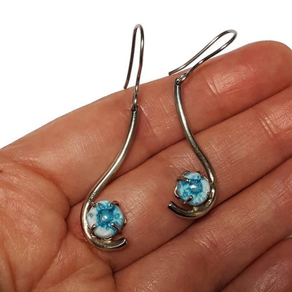 White and turquoise .One of a kind Recycled Glass Dangle earrings. Handmade fused glass dangle earrings. Dainty glass drop. Unique pieces