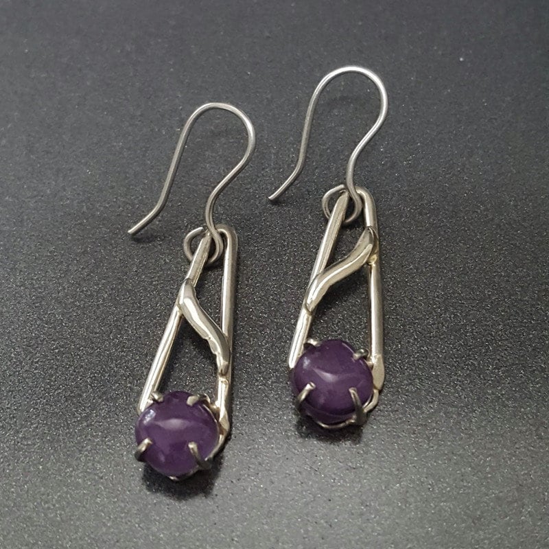 Purple One of a kind Recycled Glass Dangle earrings. Handmade fused glass dangle earrings. Dainty glass drop. Unique pieces