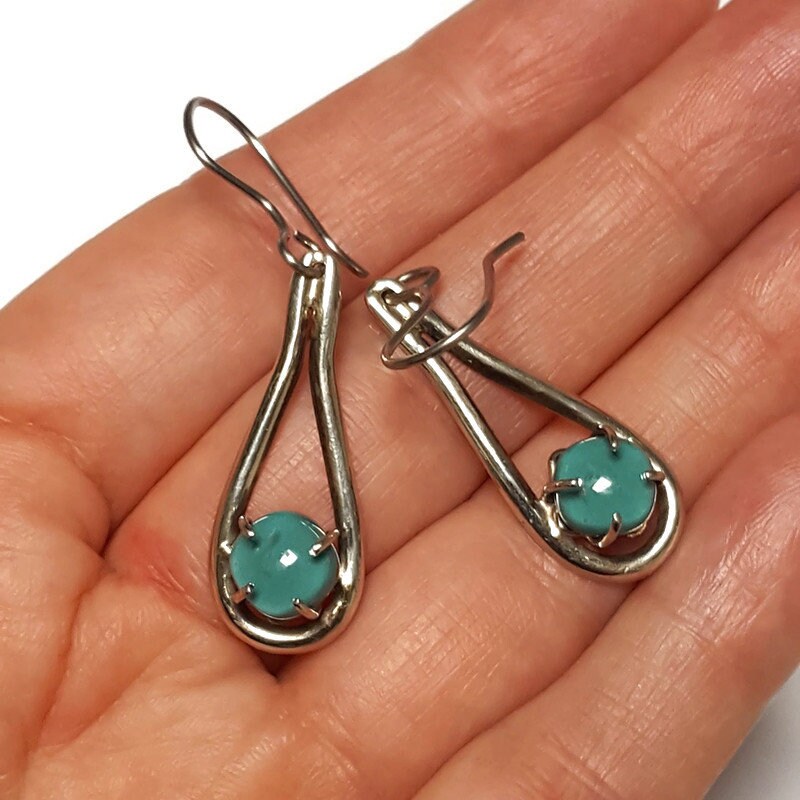 light teal color. One of a kind Recycled Glass Dangle earrings. Handmade fused glass dangle earrings. Dainty glass drop. Unique pieces