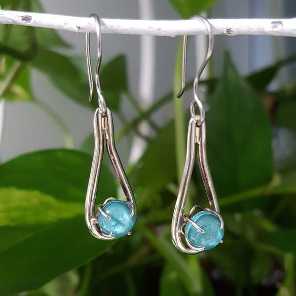 light teal color. One of a kind Recycled Glass Dangle earrings. Handmade fused glass dangle earrings. Dainty glass drop. Unique pieces