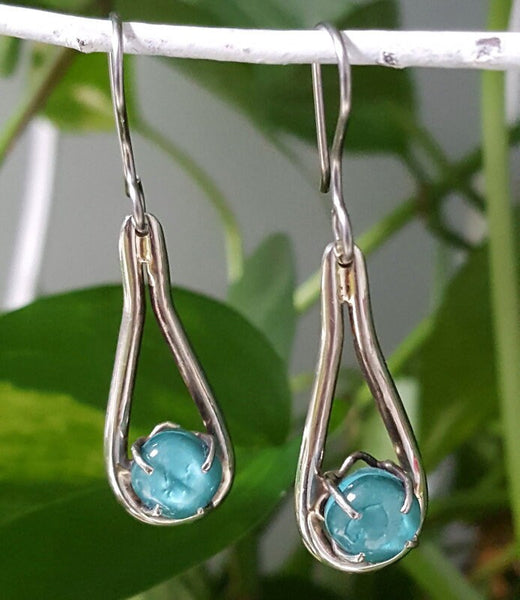 light teal color. One of a kind Recycled Glass Dangle earrings. Handmade fused glass dangle earrings. Dainty glass drop. Unique pieces