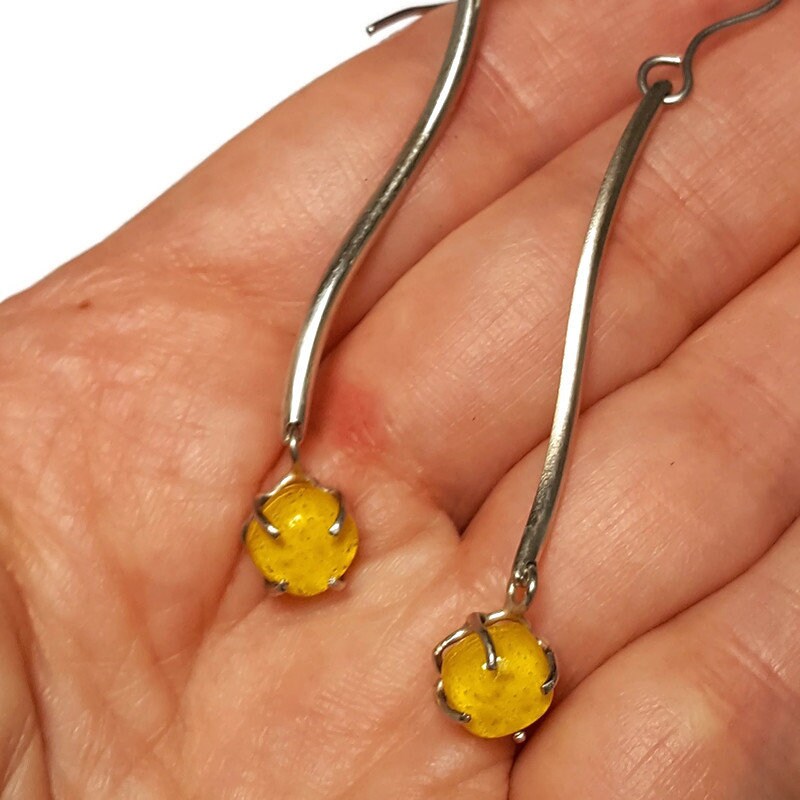 Yellow glass earrings. Handmade long dangles. Unique pieces