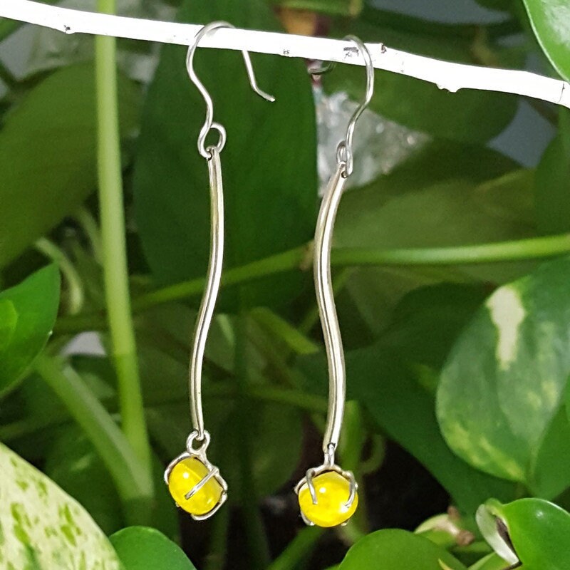 Yellow glass earrings. Handmade long dangles. Unique pieces