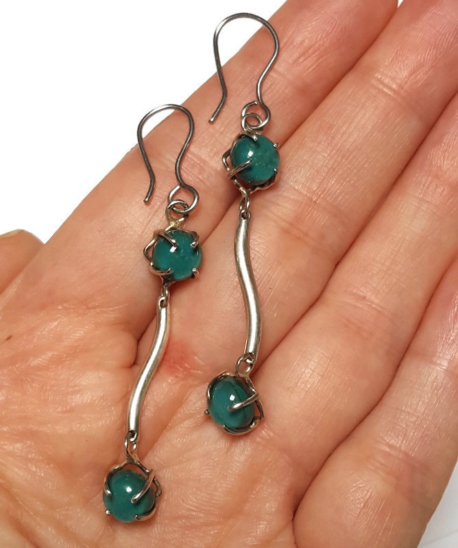 TEAL One of a kind Recycled Glass Dangle earrings. Handmade fused glass dangle earrings. Dainty glass drop. Unique pieces