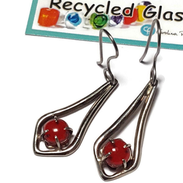 Red One of a kind Recycled Glass Dangle earrings. Handmade fused glass dangle earrings. Dainty glass drop. Unique pieces