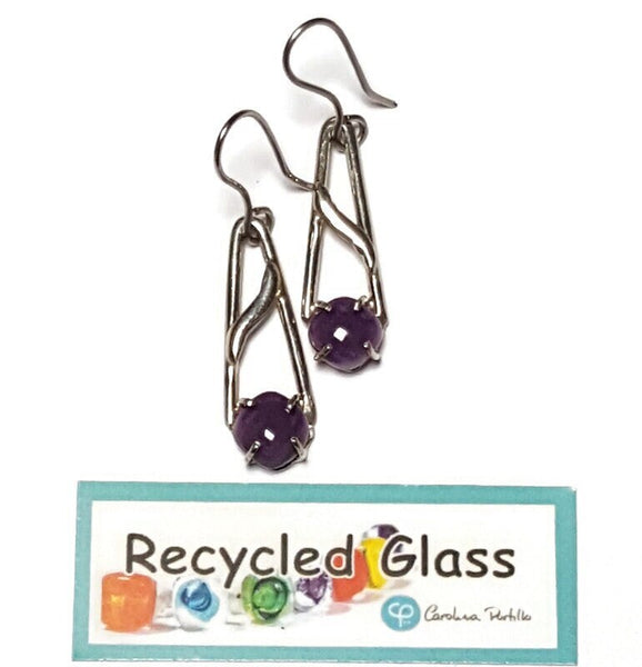 Purple One of a kind Recycled Glass Dangle earrings. Handmade fused glass dangle earrings. Dainty glass drop. Unique pieces