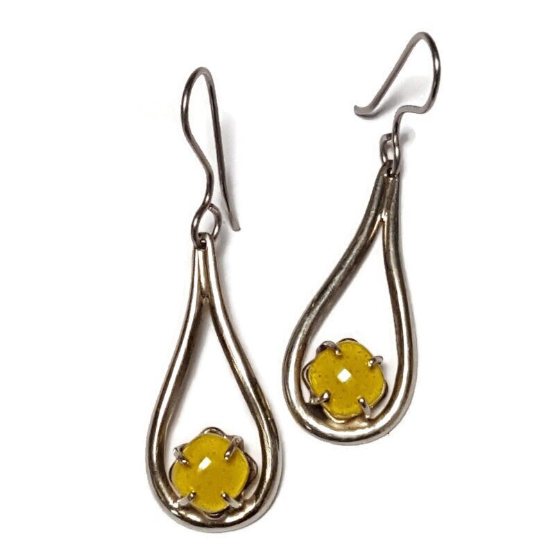 Yellow Teardrop. One of a kind Recycled Glass Dangle earrings. Handmade fused glass dangle earrings. Dainty glass drop. Unique pieces