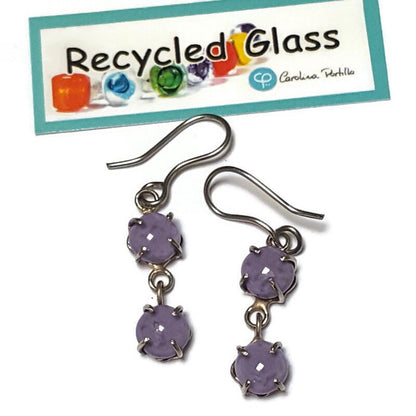 Lilac double bead One of a kind Recycled Glass Dangle earrings. Handmade fused glass dangle earrings. Dainty glass drop. Unique pieces
