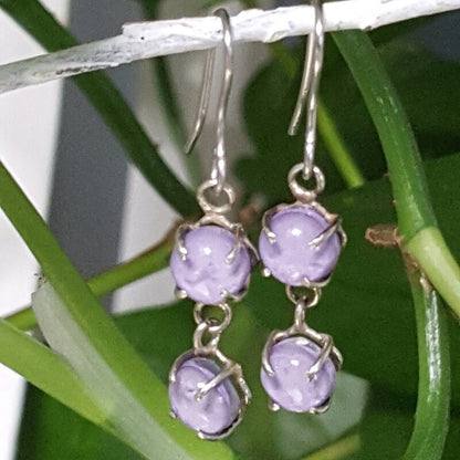 Lilac double bead One of a kind Recycled Glass Dangle earrings. Handmade fused glass dangle earrings. Dainty glass drop. Unique pieces