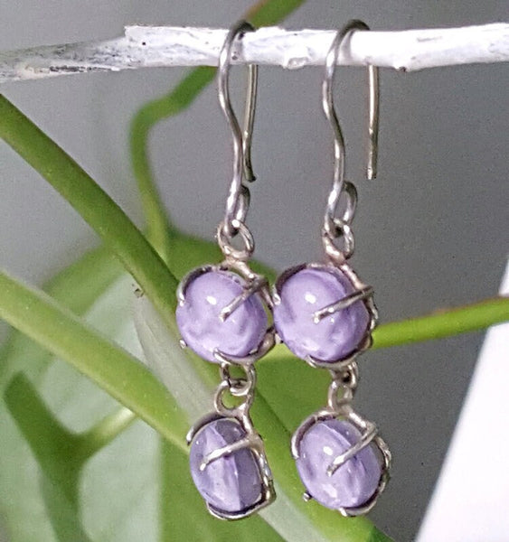 Lilac double bead One of a kind Recycled Glass Dangle earrings. Handmade fused glass dangle earrings. Dainty glass drop. Unique pieces