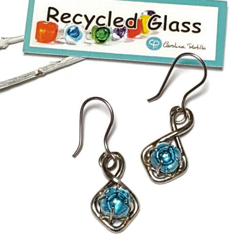 Turquoise small One of a kind Recycled Glass Dangle earrings. Handmade fused glass dangle earrings. Dainty glass drop. Unique pieces