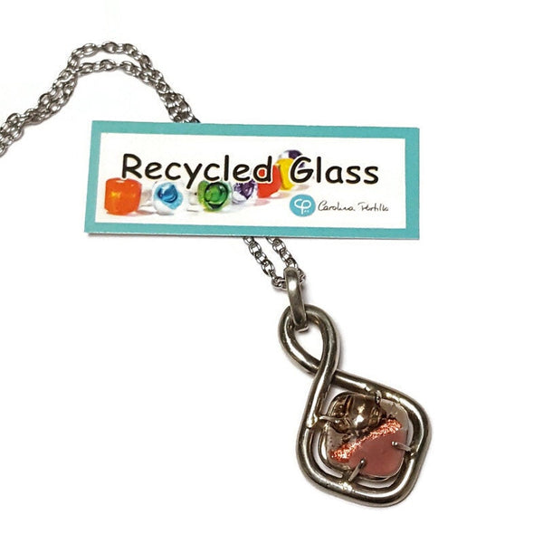 One of a kind Recycled Glass pink pendant . Handmade fused necklace. Dainty glass jewelry . Unique pieces