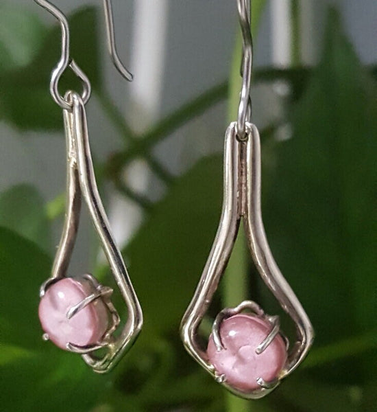 Pink One of a kind Recycled Glass Dangle earrings. Handmade fused glass dangle earrings. Dainty glass drop. Unique pieces