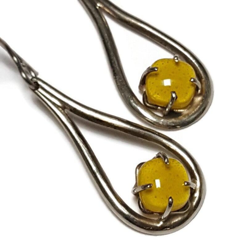 Yellow Teardrop. One of a kind Recycled Glass Dangle earrings. Handmade fused glass dangle earrings. Dainty glass drop. Unique pieces