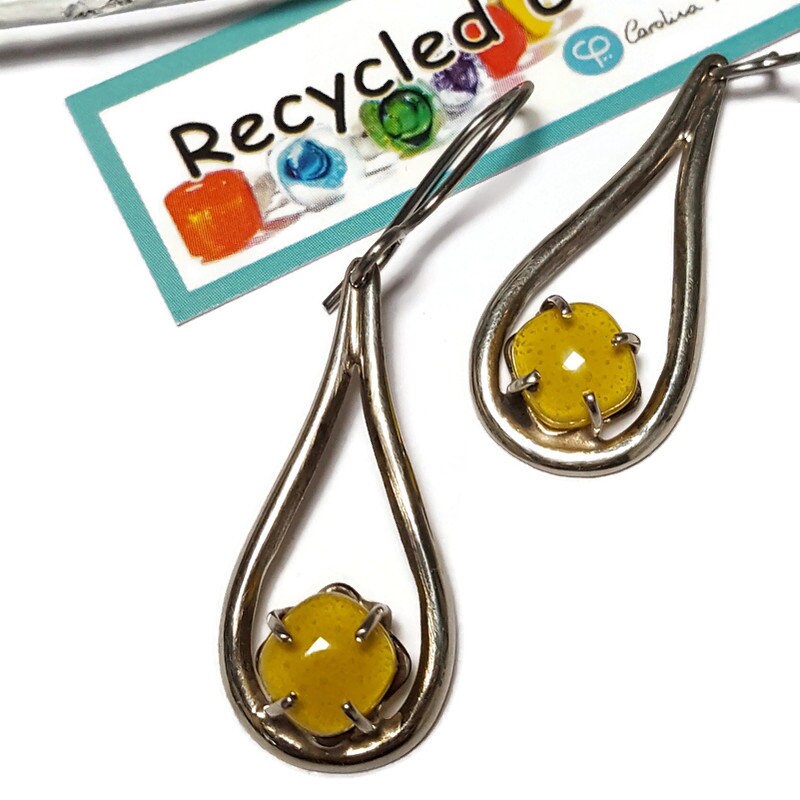 Yellow Teardrop. One of a kind Recycled Glass Dangle earrings. Handmade fused glass dangle earrings. Dainty glass drop. Unique pieces