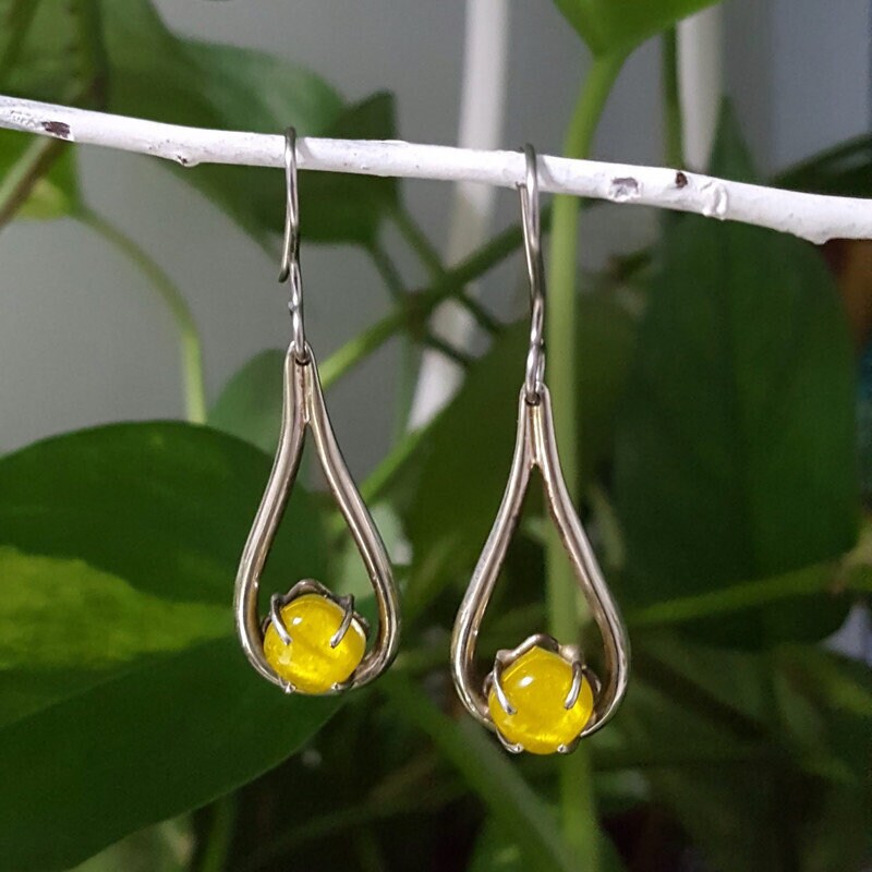 Yellow Teardrop. One of a kind Recycled Glass Dangle earrings. Handmade fused glass dangle earrings. Dainty glass drop. Unique pieces