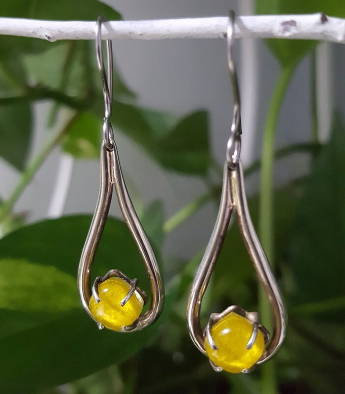 Yellow Teardrop. One of a kind Recycled Glass Dangle earrings. Handmade fused glass dangle earrings. Dainty glass drop. Unique pieces