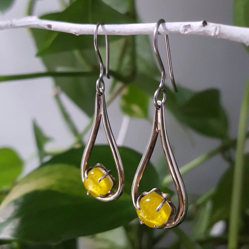 Yellow Teardrop. One of a kind Recycled Glass Dangle earrings. Handmade fused glass dangle earrings. Dainty glass drop. Unique pieces