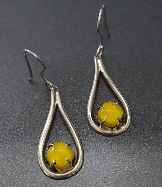 Yellow Teardrop. One of a kind Recycled Glass Dangle earrings. Handmade fused glass dangle earrings. Dainty glass drop. Unique pieces