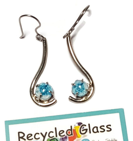White and turquoise .One of a kind Recycled Glass Dangle earrings. Handmade fused glass dangle earrings. Dainty glass drop. Unique pieces