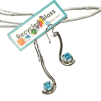White and turquoise .One of a kind Recycled Glass Dangle earrings. Handmade fused glass dangle earrings. Dainty glass drop. Unique pieces