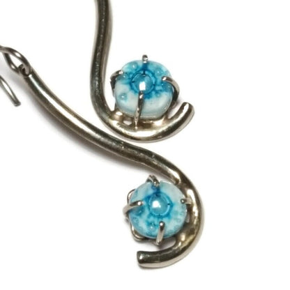 White and turquoise .One of a kind Recycled Glass Dangle earrings. Handmade fused glass dangle earrings. Dainty glass drop. Unique pieces