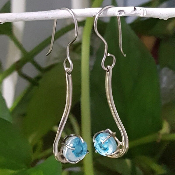 White and turquoise .One of a kind Recycled Glass Dangle earrings. Handmade fused glass dangle earrings. Dainty glass drop. Unique pieces