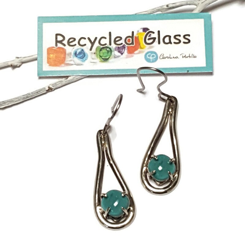 light teal color. One of a kind Recycled Glass Dangle earrings. Handmade fused glass dangle earrings. Dainty glass drop. Unique pieces